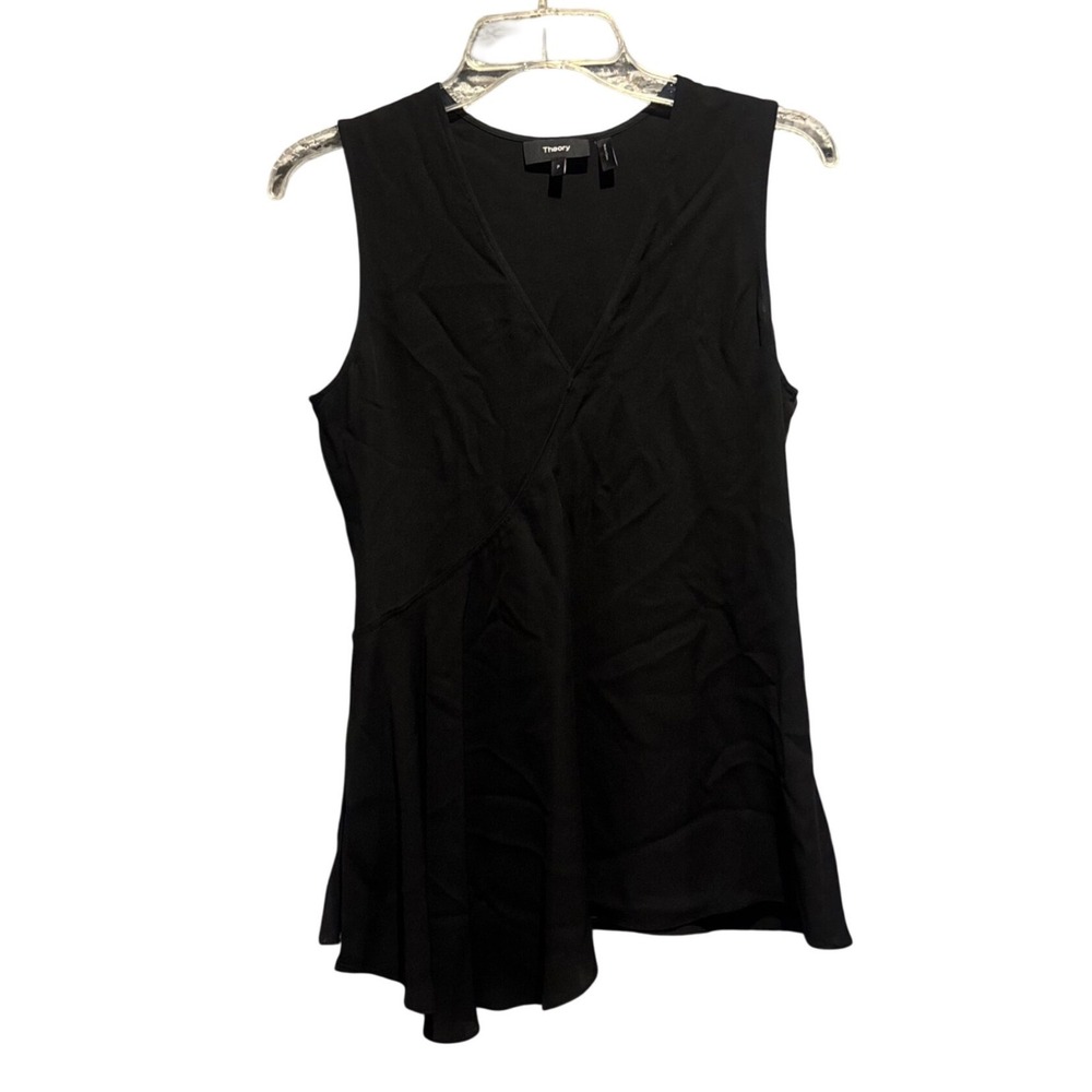 Theory Black 100% Silk Fluid Top Classic GGT Asymmetrical Peplum Blouse Size P